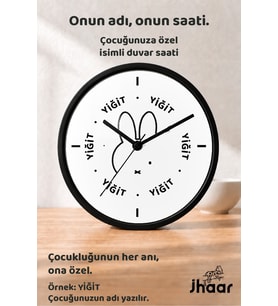 İsme Özel Tavşan Yüzü Çocuk Odası Duvar Saati Orta Boy 30 cm Siyah Camlı Sessiz
