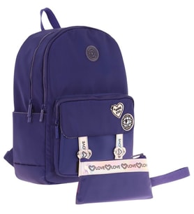 Kaukko Parlak Love Şeritli Lacivert Okul Çantası ve Cüzdan Tipi Kalemlik Seti (KK-K1843+KK-K2754)
