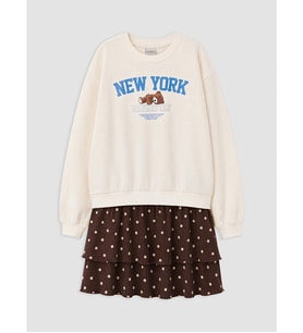 LCW Kids Ekru New York Baskılı Kız Çocuk Elbise