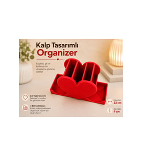 Kırmızı Kalp Tasarımlı 3 Bölmeli Makyaj Organizeri, Masaüstü Düzenleyici