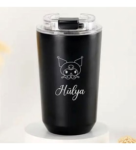 Kişiye Özel Retro Stil 240ml Vakumlu Isı Korumalı Kuromi Baskılı Termos Kupa (Siyah)