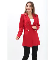 Omuzları Vatkalı Önü Çıtçıtlı Atlas Kumaş Kadın Blazer Ceket - Kırmızı