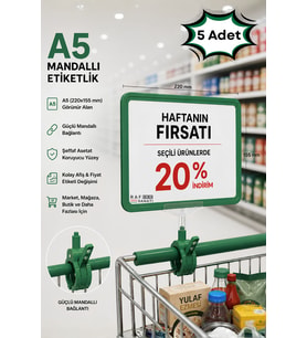 5 Adet - A5 Mandallı Etiketlik Fiyatlık Sepet Raf Askılık Fiyat Etiketi Çerçeveli Market Mağaza Yeşil