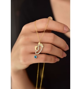 925 Ayar Gümüş Gold Kaplama Cam Gözlü Anne Çocuk Ayak Izi Kadın Kolye