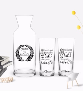 BK Gift Kişiye Özel Renkli Baskılı Bu Akşam Burcumuz Tasarımlı İkili Rakı Bardağı ve Karaf Hediye Seti-1 (Model 1)