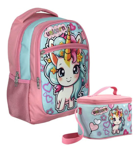 Cennec Bebek Unicorn Desenli Kız Çocuk Pembe Turkuaz İkili Çanta ve Beslenme Seti - SETUMT5048B