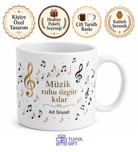 İsimli Nota Desenli Müzik Öğretmeni Kupası Hediye Bardak Özel Tasarım