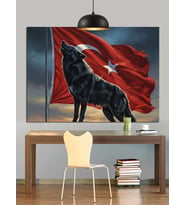 Türk Bayrağı Ve Kurt Silüeti Dekoratif Kanvas - Mdf Ahşap Tablo