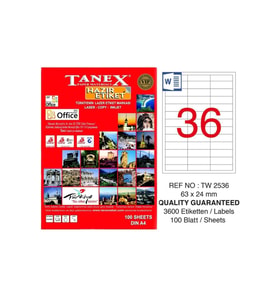 Tanex Lazer Etiket 100 Yaprak 63 x 24 Mm Lazer Yazıcı Etiketi