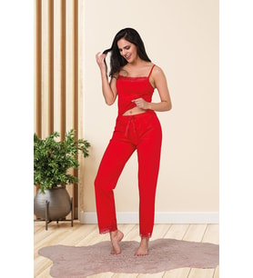 Kadın Kırmızı Renkli Pamuklu Likralı Askılı Dantel Detaylı Pijama Takımı 28451