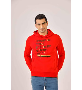 Kırmızı Erkek Regular Fit Baskılı Pamuklu Kapüşonlu Sweatshirt