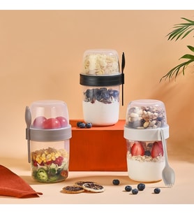 Yoğurt Müsli Granola Porsiyon Saklama Taşıma Kabı L-00977 Kahvaltılık Gevrek 600 + 300 ml Büyük Boy (Siyah)