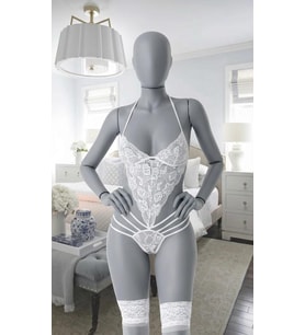 Beyaz Dantelli Body Çoklu Şerit Detaylı Çoraplı Fantazi İç Giyim Takımı 2043