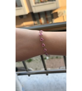 Kadın Gümüş Renk Pembe Kalpli Şık Tasarım Bileklik 18 CM