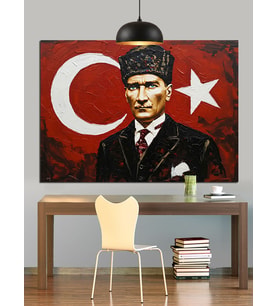 Türk Bayrağı Önünde Atatürk Dekoratif Kanvas - Mdf Ahşap Tablo