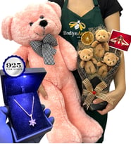 Kişiye Özel Fotoğraflı VIP Set - 925 Ayar Işıklı Kutuda Gümüş Kolye & Pembe Ayıcık & 3'lü Ayıcık Buketi (Model 5)