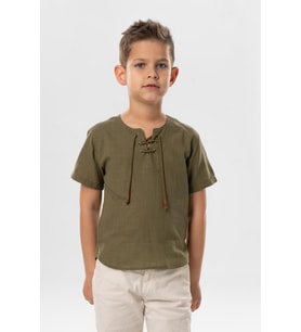 Kısa Kol Şile Bezi Zımbalı Yazlık Erkek Çocuk Tshirt Haki 3049