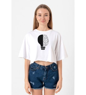 Lightbulb & Brain Beyaz Kadın Crop Tshirt
