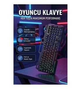 RGB Oyuncu Klavye ve Mouse Seti – Türkçe Q USB Klavye, 800-3200 DPI Ayarlı Mouse
