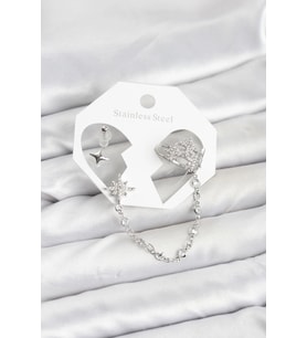 Kutup Yıldızı Model Pirinç Gümüş Renk Zincir Bağlantılı Ear Cuff Küpe Seti 5886