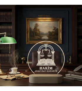 KİŞİSELLEŞTİRİLEBİLİR Hakime Özel LED Işıklı Ahşap Masa İsimliği (Şeffaf)