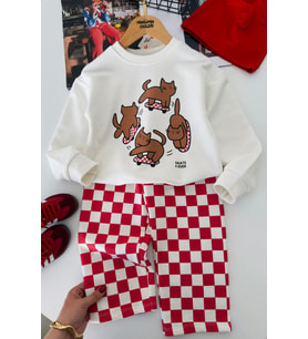 Sevimli Kedicik Baskılı Dama Desenli Unisex Çocuk 2 li Takım - Kırmızı