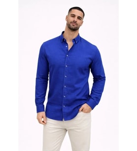 Erkek KETEN Kumaş Oversize Uzun Kollu Rahat Kalıp Gömlek - Saks Mavisi