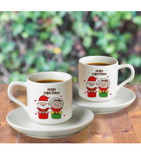 Mutlu Yıllar & Merry Christmas & Yılbaşı & Noel Baba Tasarımlı Türk Kahvesi Fincanı Seti İkili
