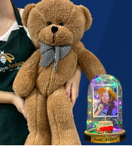 Size Özel Renkli Led Işıklı Fanus ve Büyük Boy Kahverengi Peluş Ayıcık Hediye Seti (Model 10)