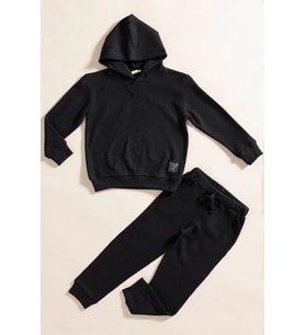 2'li Kapişonlu Siyah Waffle Sweat Jogger Alt Üst Takım