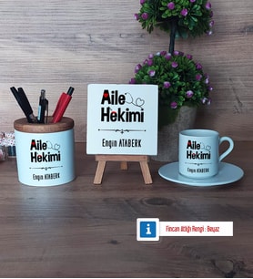 Aile Hekimi Hediye Seti Dekoratif Taş, Kalemlik, Ahşap Altlıklı Türk Kahvesi Fincanı Hediye (Model 2)