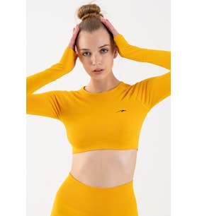 Maraton SlimFit Kadın Bisiklet Yaka Sarı Crop Top