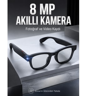 Siyah Bluetooth Akıllı Kamera Gözlüğü 8 MP Kameralı AI Çeviri Wi-Fi Fotoğraf Video Müzik Arama ve Dokunmatik Kontrollü