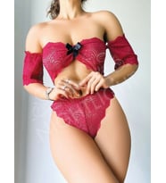 Kadın Fiyonk Detaylı Kırmızı Dantel Sütyen Külot Takım (Bordo)