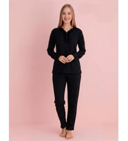 Pijamerry Kadın Bambu Baharlık Dantel Yaka Uzun Kol İnce Pijama Takımı 5210S - 1 Adet (Siyah)