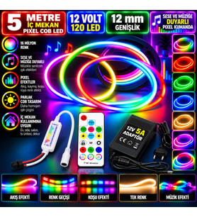 5M 12V 12mm 120 Ledli İç Mekan Pixel Cob Led 5A Laptop Adaptör Sese ve Müziğe Duyarlı Pixel Kumandal