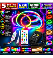 5M 12V 12mm 120 Ledli İç Mekan Pixel Cob Led 5A Laptop Adaptör Sese ve Müziğe Duyarlı Pixel Kumandal