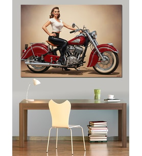 Motosiklet Üzerinde Retro Tarzlı Kadın Dekoratif Kanvas - Mdf Ahşap Tablo