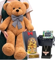 Kahve Büyük Boy Peluş Ayıcık, Size Özel Işıklı Fanus ve Anka Kuşu Kolye (Model 6)