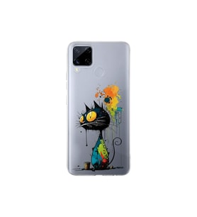 Realme C15 ile Uyumlu Splash Kedi Tasarımlı Şeffaf Silikon Kılıf