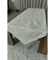 Imren Lüks Natür Keten Ve Nakış Özel Tasarım Runner Masa Ve Dekoratif Sunum Örtüsü Çeyizlik (Altın Simli)