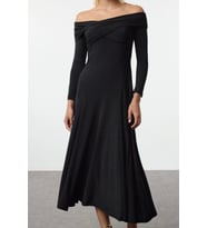 Moda Stil Fitted Asimetrik Yaka Midi Boy A-Kesim Örme Elbise (Siyah)