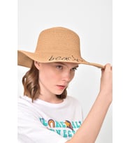Beach Plase Yazılı Hasır Kloş Kadın Şapka (Camel)