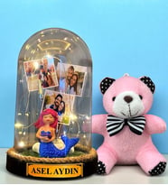 Size Özel Tasarlanacak Led Işıklı Fanus ve Pembe Peluş Anahtarlık Hediye Seti (Model 7)