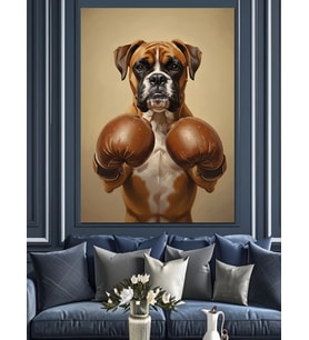 Boks Eldivenli Karizmatik Boxer Köpek Dekoratif Kanvas - Mdf Ahşap Tablo