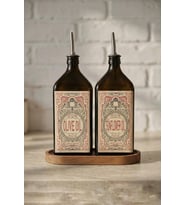 2'li Ahşap Stantlı ÇelikTıpalı 500 ml Cam Ayçiçek Yağı Zeytinyağı Şişesi Yağdanlık Vintage Retro (YA) (FROLDEARED)