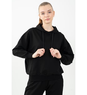 Maraton Sportswear Oversize Kadın Kapşonlu  Uzun Kol Basic Siyah-Siyah Sweatshirt 22149