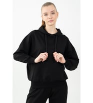 Maraton Sportswear Oversize Kadın Kapşonlu  Uzun Kol Basic Siyah-Siyah Sweatshirt 22149