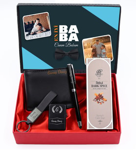 Kişiye Özel Fotoğraflı Kutusunda Siyah Deri Cüzdan & Siyah Touch Roller Kalem & Siyah Anahtarlık & Zippo Tarzı Çakmak & Rebul Kolonyası Hediye Seti