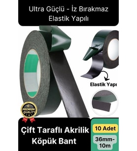 Premium Ultra Güçlü İz Bırakmaz Elastik Yapılı Çift Taraflı Akrilik Köpük Bant 36mm - 10m - 10 Adet